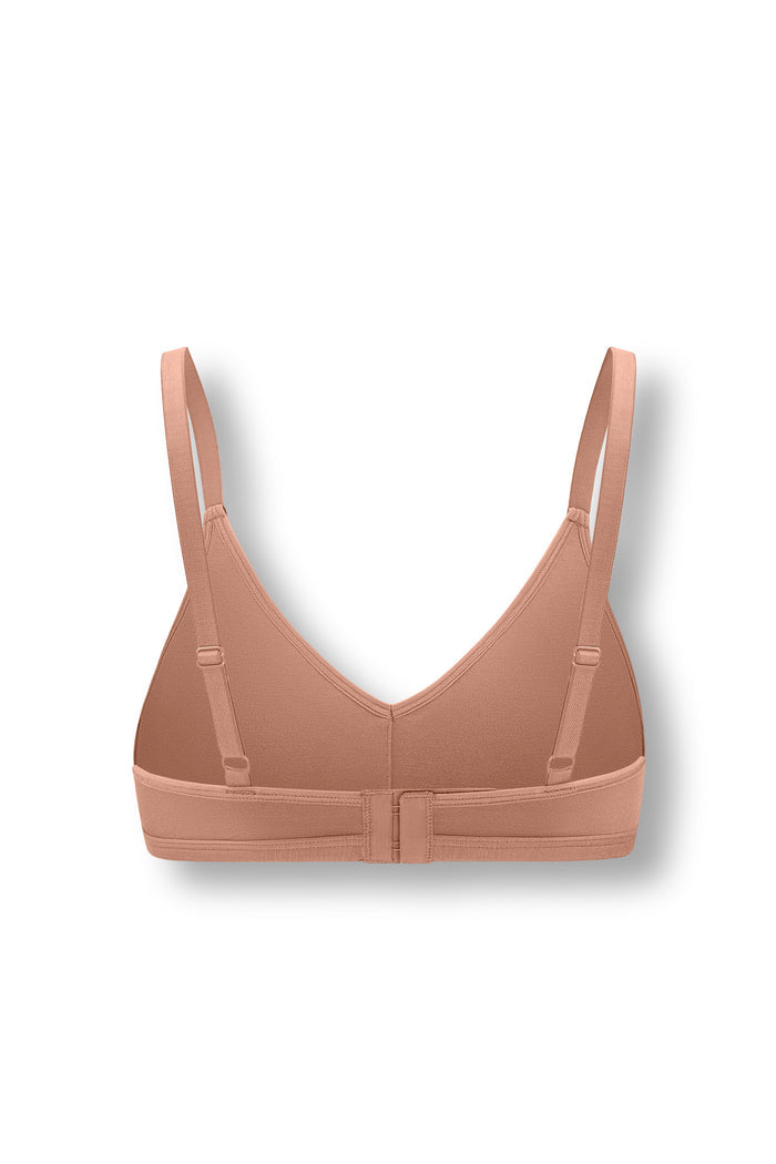 Back side of Women's V-Neck Bra in Latte on white background