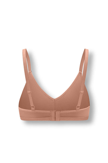 Back side of Women's V-Neck Bra in Latte on white background