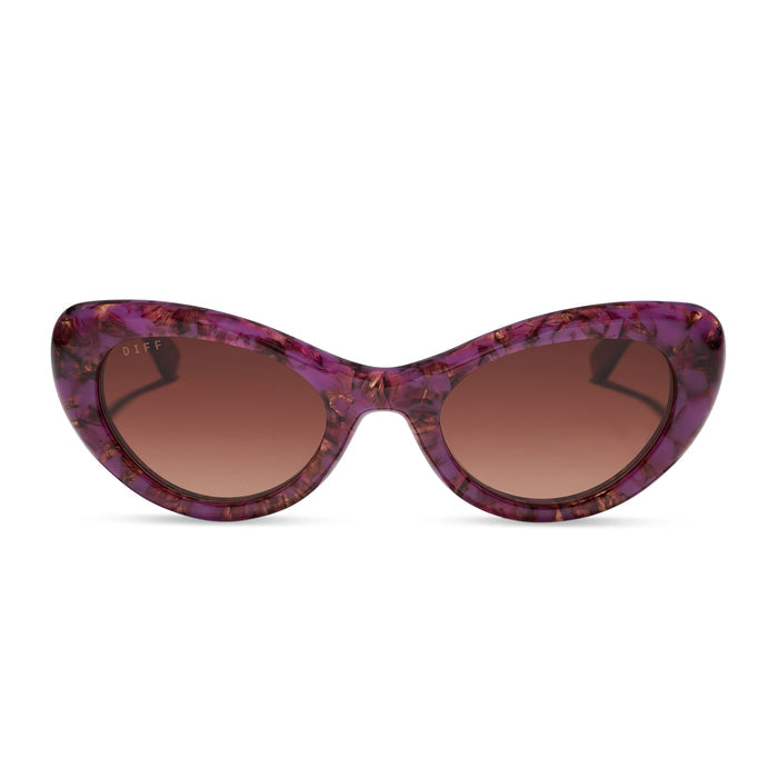 diff eyewear zaria cat eye sunglasses with a lavender haze purple tortoise acetate frame and brown gradient lenses front view
