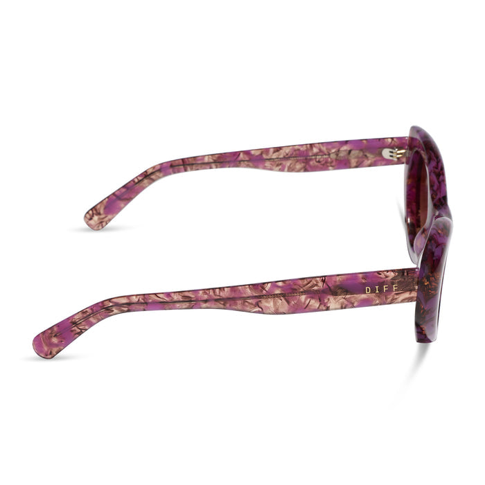 diff eyewear zaria cat eye sunglasses with a lavender haze purple tortoise acetate frame and brown gradient lenses side view
