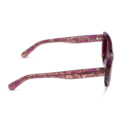 diff eyewear zaria cat eye sunglasses with a lavender haze purple tortoise acetate frame and brown gradient lenses side view