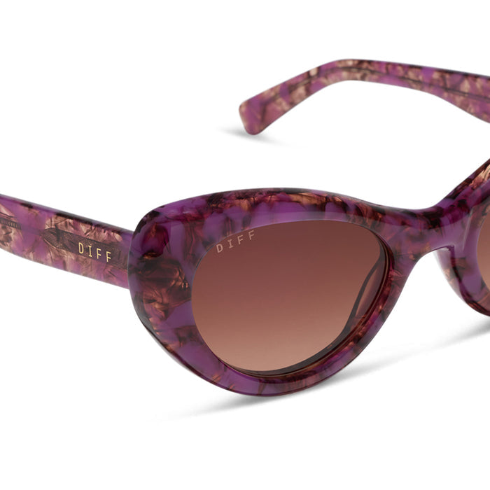 diff eyewear zaria cat eye sunglasses with a lavender haze purple tortoise acetate frame and brown gradient lenses detailed view