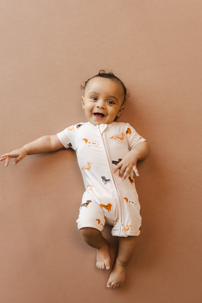 Baby wearing Beige Zipper Shortall Romper in Dachshund print on a brown background