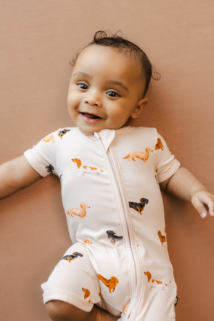 Baby wearing Beige Zipper Shortall Romper in Dachshund print on a brown background