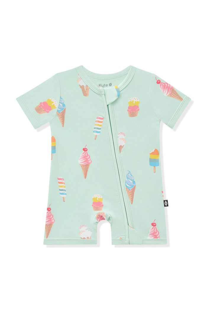 Mint Zipper Shortall Romper in Ice Cream print on white background