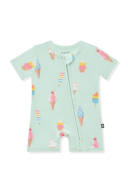 Mint Zipper Shortall Romper in Ice Cream print on white background