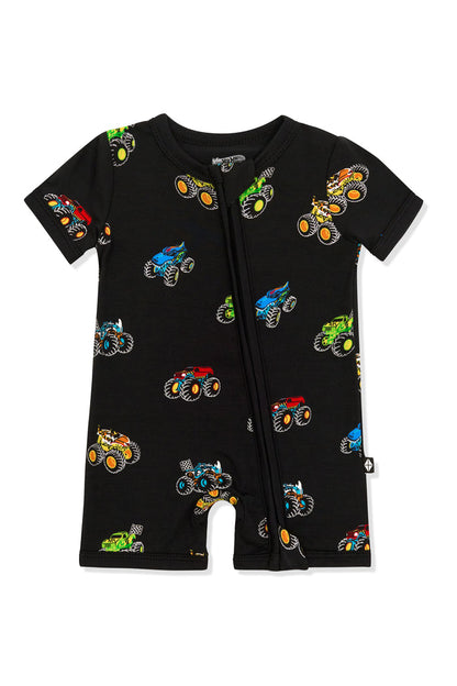 Zipper Shortall Romper in colorful Monster Truck print on white background