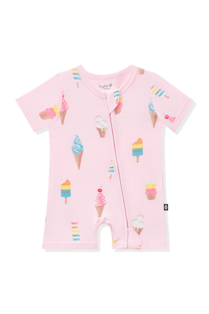 Pink Zipper Shortall Romper in Ice Cream print on white background