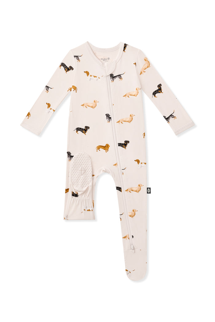 Bottom footies of Beige Zippered Footie in Dachshund print on white background
