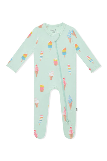 Mint Zippered Footie in Ice Cream print on white background