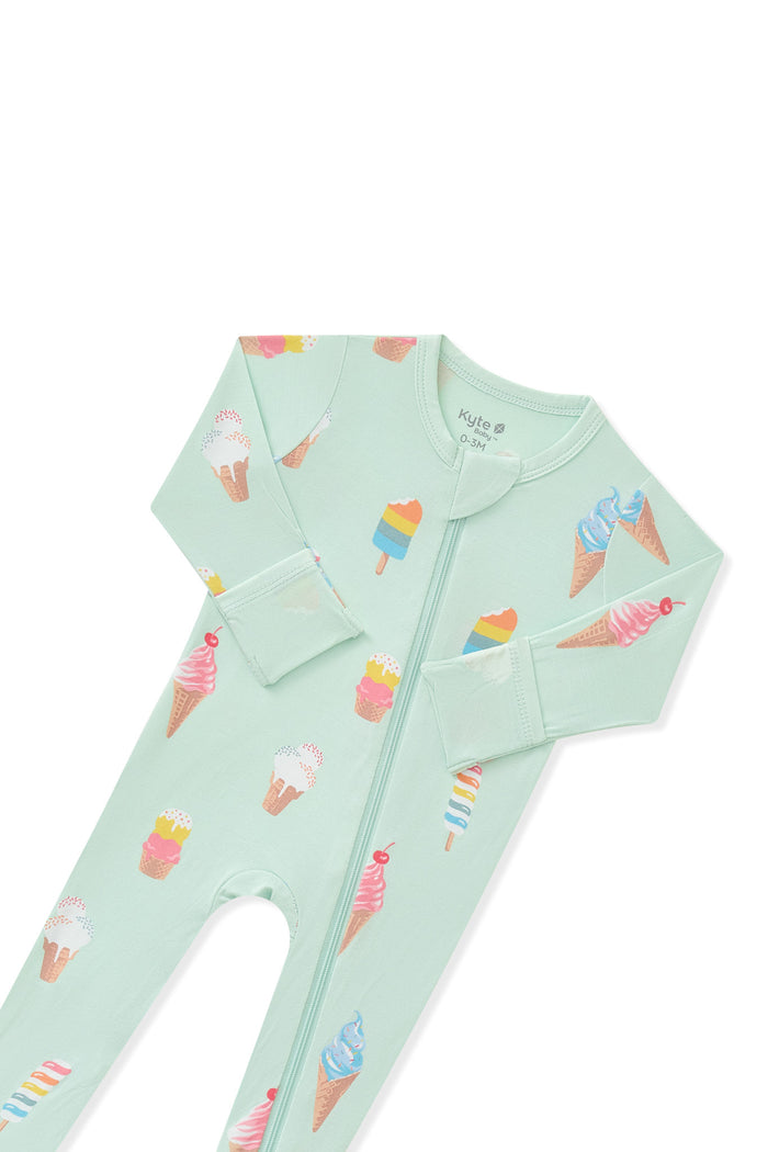 Top part of Mint Zippered Footie in Ice Cream print on white background