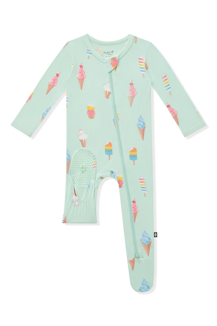 Bottom part of mint Zippered Footie in Ice Cream print on white background