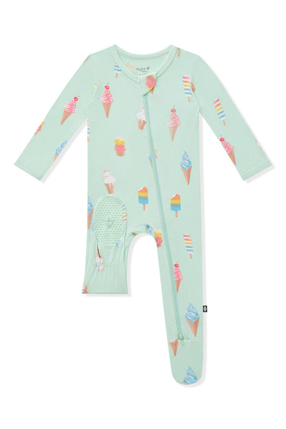 Bottom part of mint Zippered Footie in Ice Cream print on white background