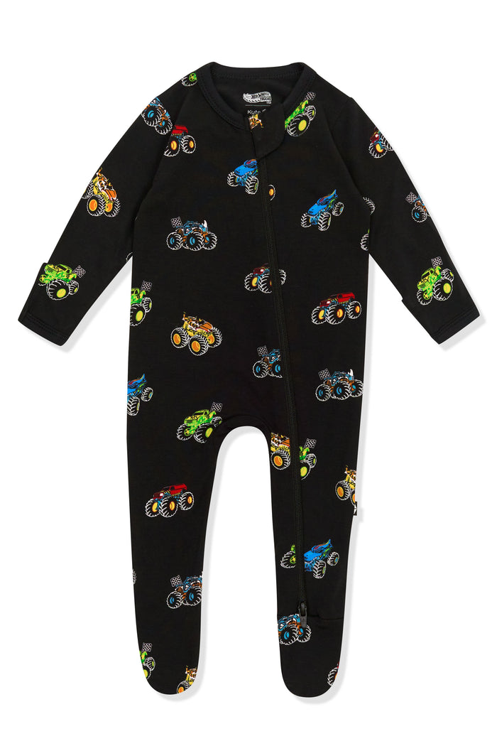 Zippered Footie in Monster Truck print on white background