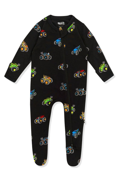 Zippered Footie in Monster Truck print on white background