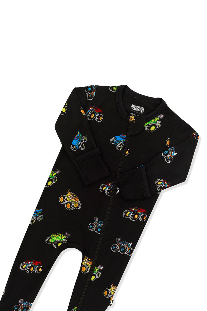 Top part of Zippered Footie in Monster Truck print on white background
