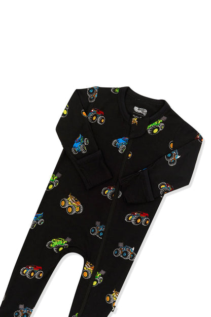 Top part of Zippered Footie in Monster Truck print on white background