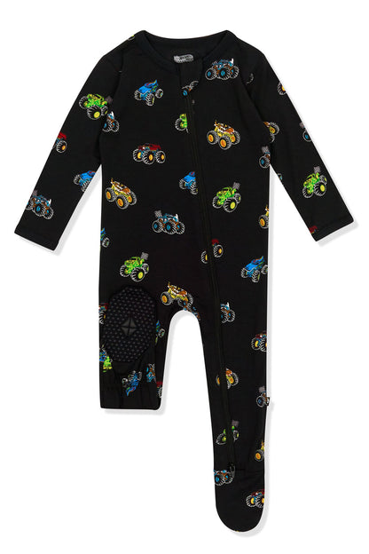 Footies of Zippered Footie in Monster Truck print on white background