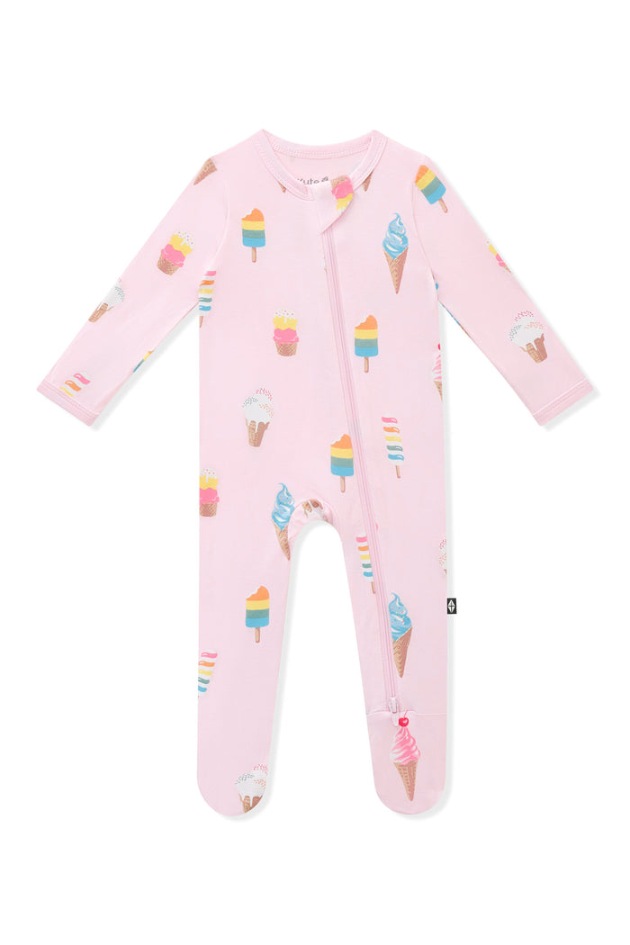 Pink Zippered Footie in Ice Cream print of white background