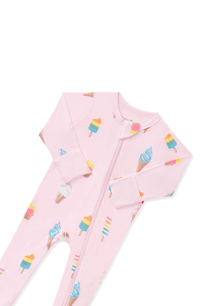 Top part of pink Zippered Footie in Ice Cream print of white background