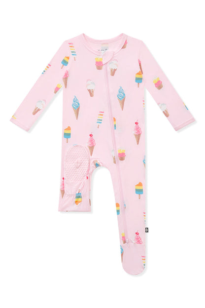 Bottom part of pink Zippered Footie in Ice Cream print of white background