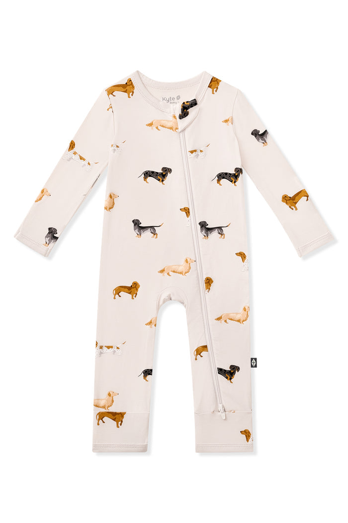 Beige Zippered Romper in Dachshund print on a white background