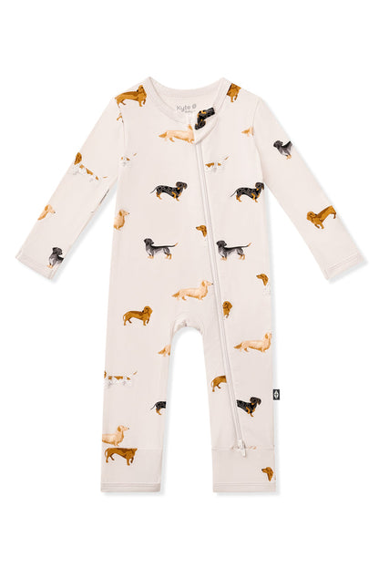 Beige Zippered Romper in Dachshund print on a white background