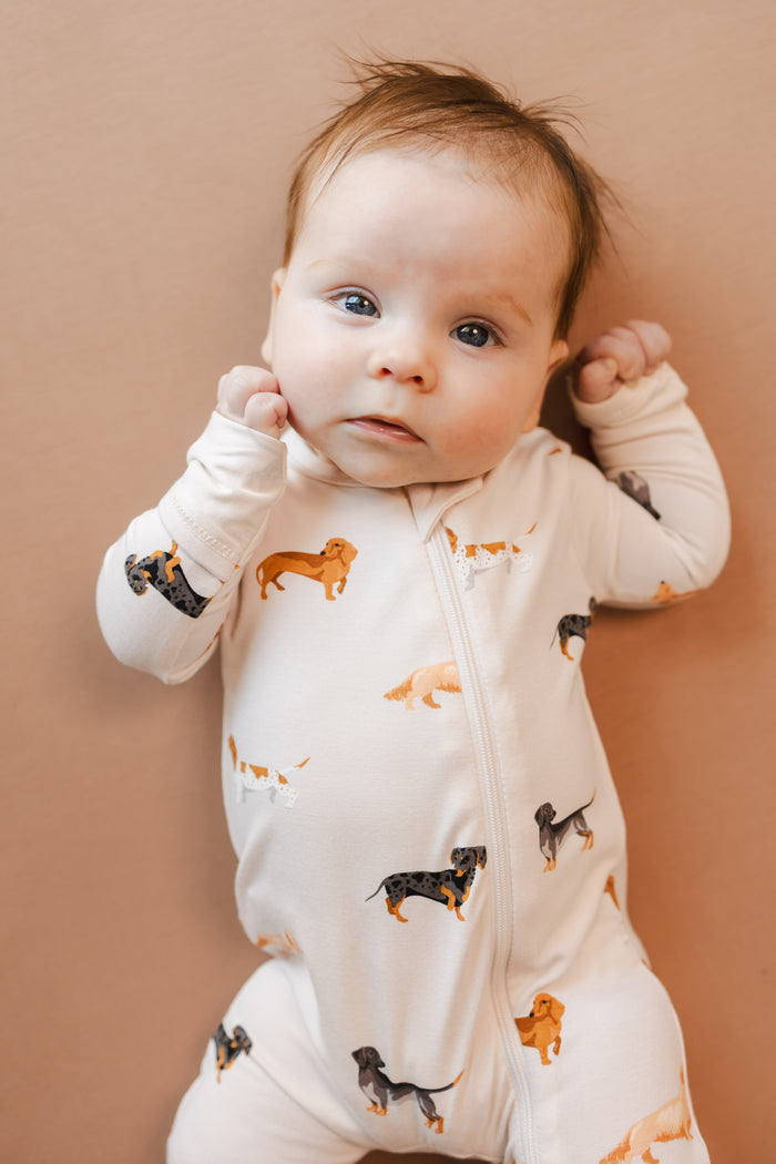 Baby wearing Beige Zippered Romper in Dachshund print on a brown background