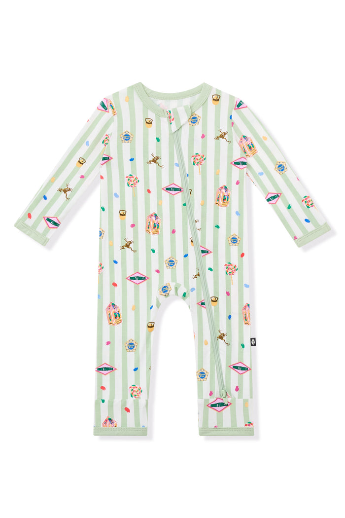 Green and white striped zippered romper with colorful Harry Potter patterns on a white background