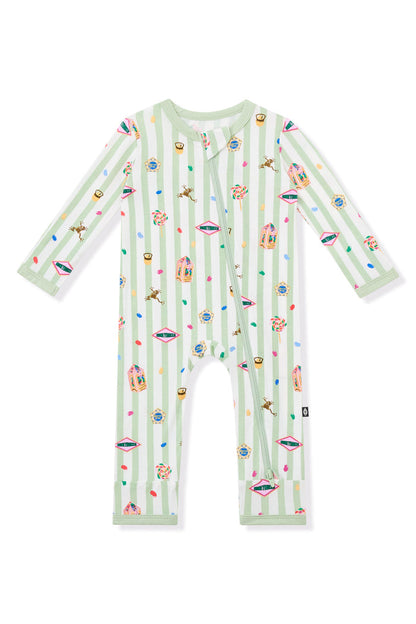 Green and white striped zippered romper with colorful Harry Potter patterns on a white background