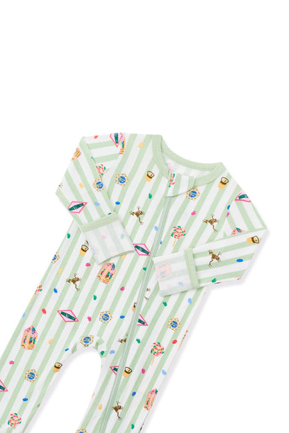 Top part of Green and white striped zippered romper with colorful Harry Potter patterns on a white background