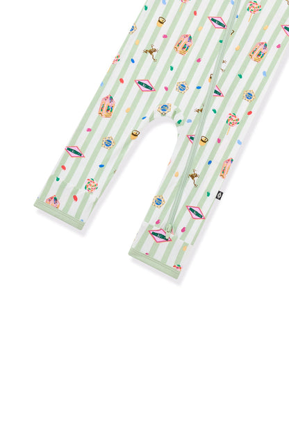 Bottom part of Green and white striped zippered romper with colorful Harry Potter patterns on a white background
