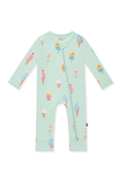 Mint Zippered Romper with Ice Cream print on white background
