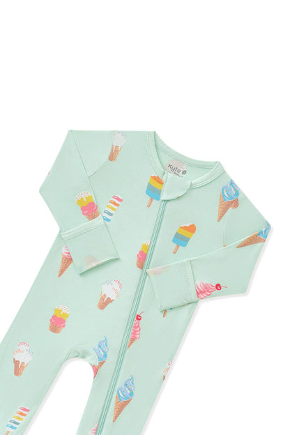 Top part of Mint Zippered Romper with Ice Cream print on white background