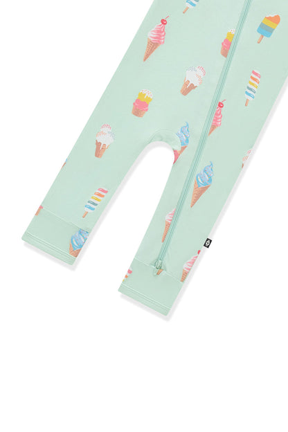 Bottom part of Mint Zippered Romper in Ice Cream print on white background