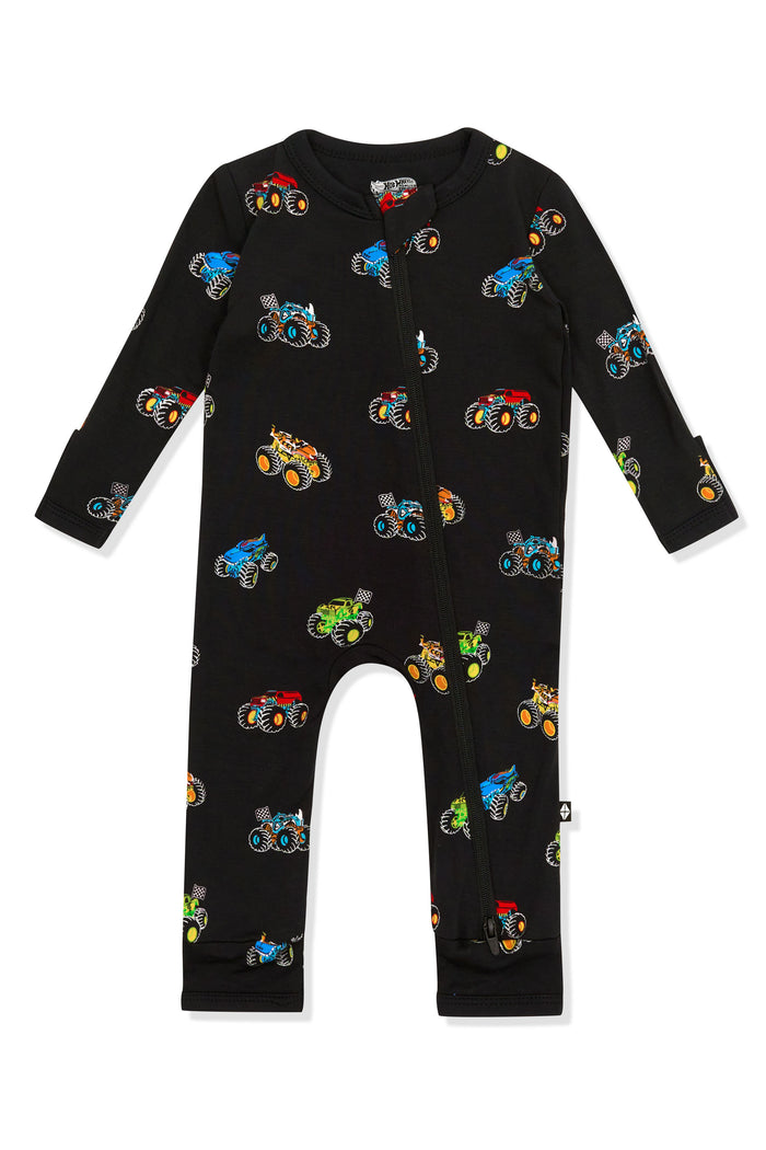 Zippered Romper in Monster Truck print on white background