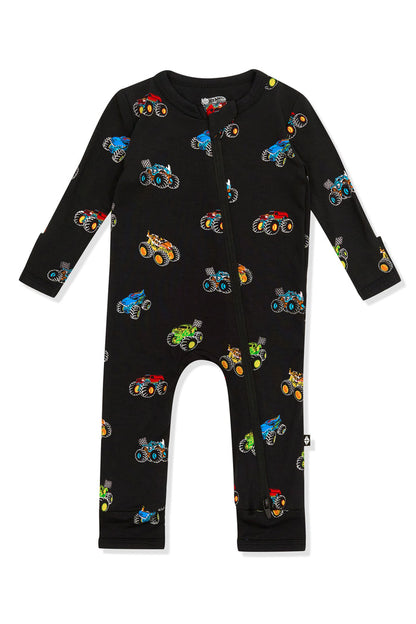 Zippered Romper in Monster Truck print on white background