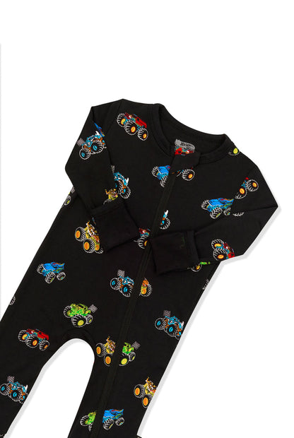 Top part of Zippered Romper in Monster Truck print on white background