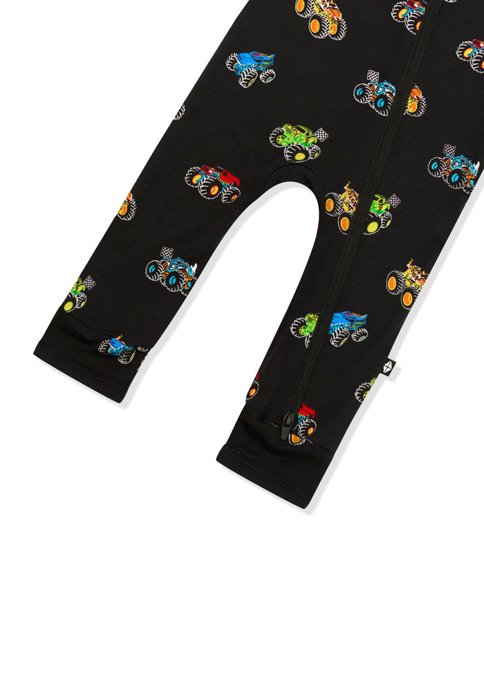Bottom part of Zippered Romper in Monster Truck print on white background