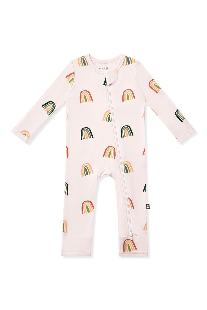 Vanilla Cream Zippered Romper in Retro Rainbow print on a white background