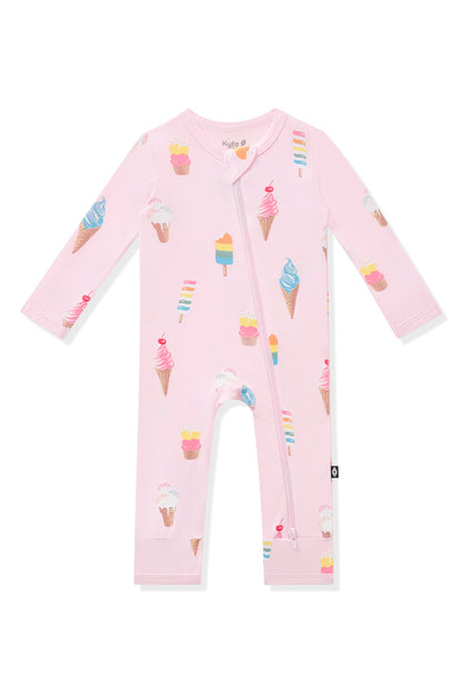Pink Zippered Romper with Ice Cream print on white background