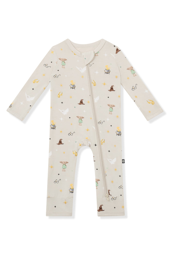Beige Harry Potter patterned Zippered Romper on a white background
