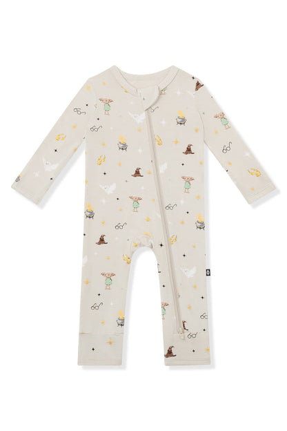 Beige Harry Potter patterned Zippered Romper on a white background